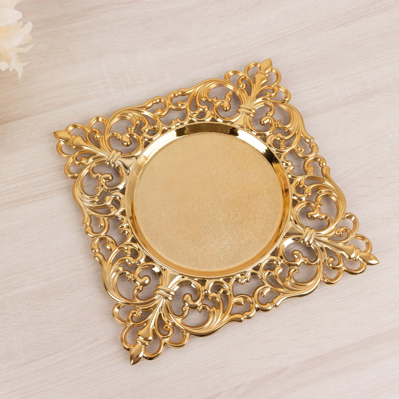 6-Pack Acrylic Charger Plates 12" Square Gold with Hollow Lace Border - Event Tabletop Decorative Charger Tableware