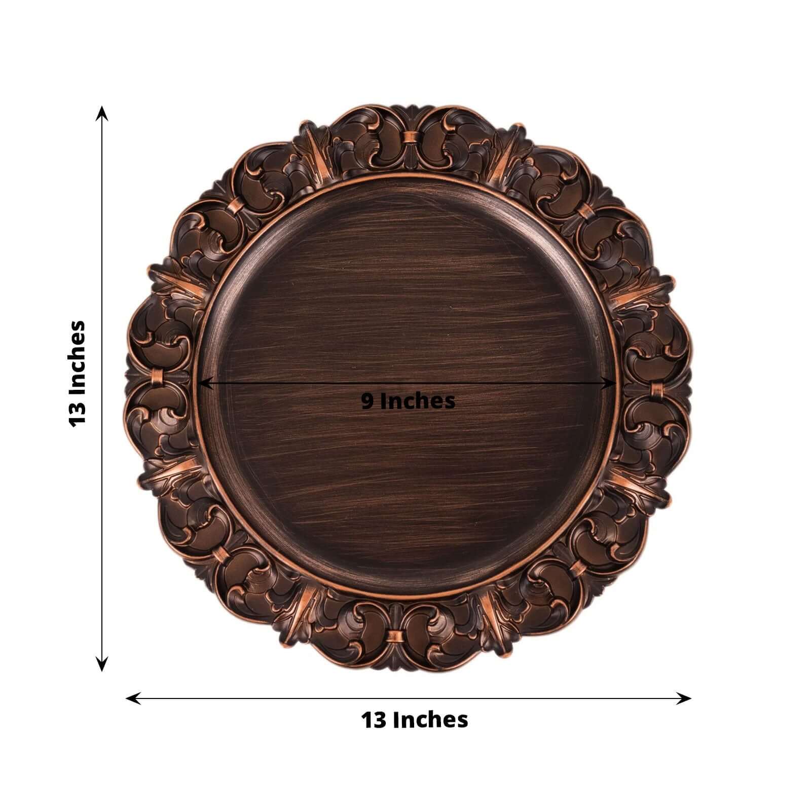 6-Pack Acrylic Charger Plates 13" Round Dark Brown with Aristocrat Retro Baroque Rim - Ornate Plastic Decorative Chargers