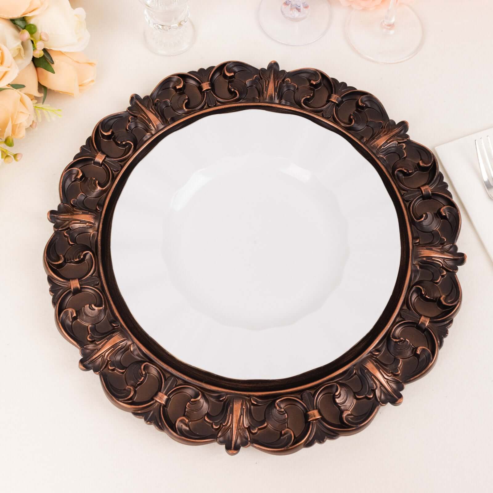 6-Pack Acrylic Charger Plates 13" Round Dark Brown with Aristocrat Retro Baroque Rim - Ornate Plastic Decorative Chargers