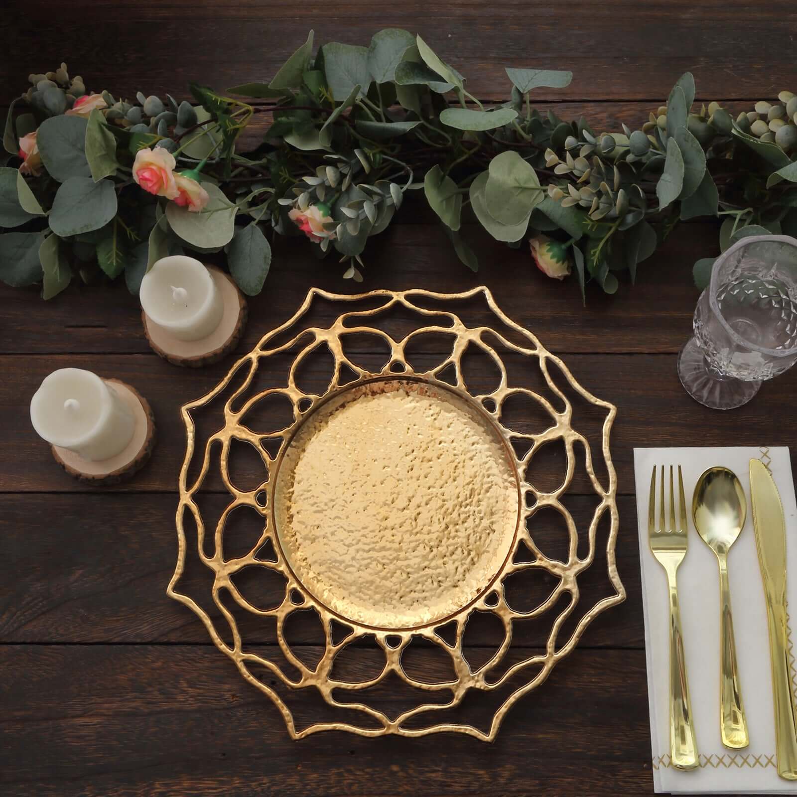 6-Pack Acrylic Charger Plates 13" Round Gold Floral Cutout Design - Hollow Flower Plastic Decorative Dinner Party Charger Tableware