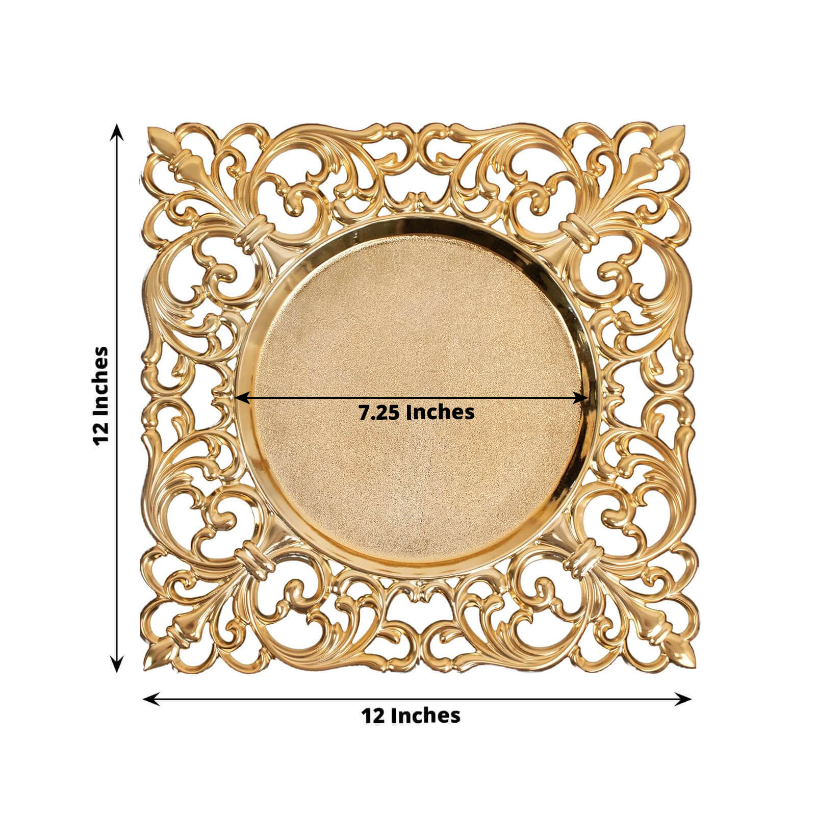 6-Pack Acrylic Charger Plates 12" Square Gold with Hollow Lace Border - Event Tabletop Decorative Charger Tableware