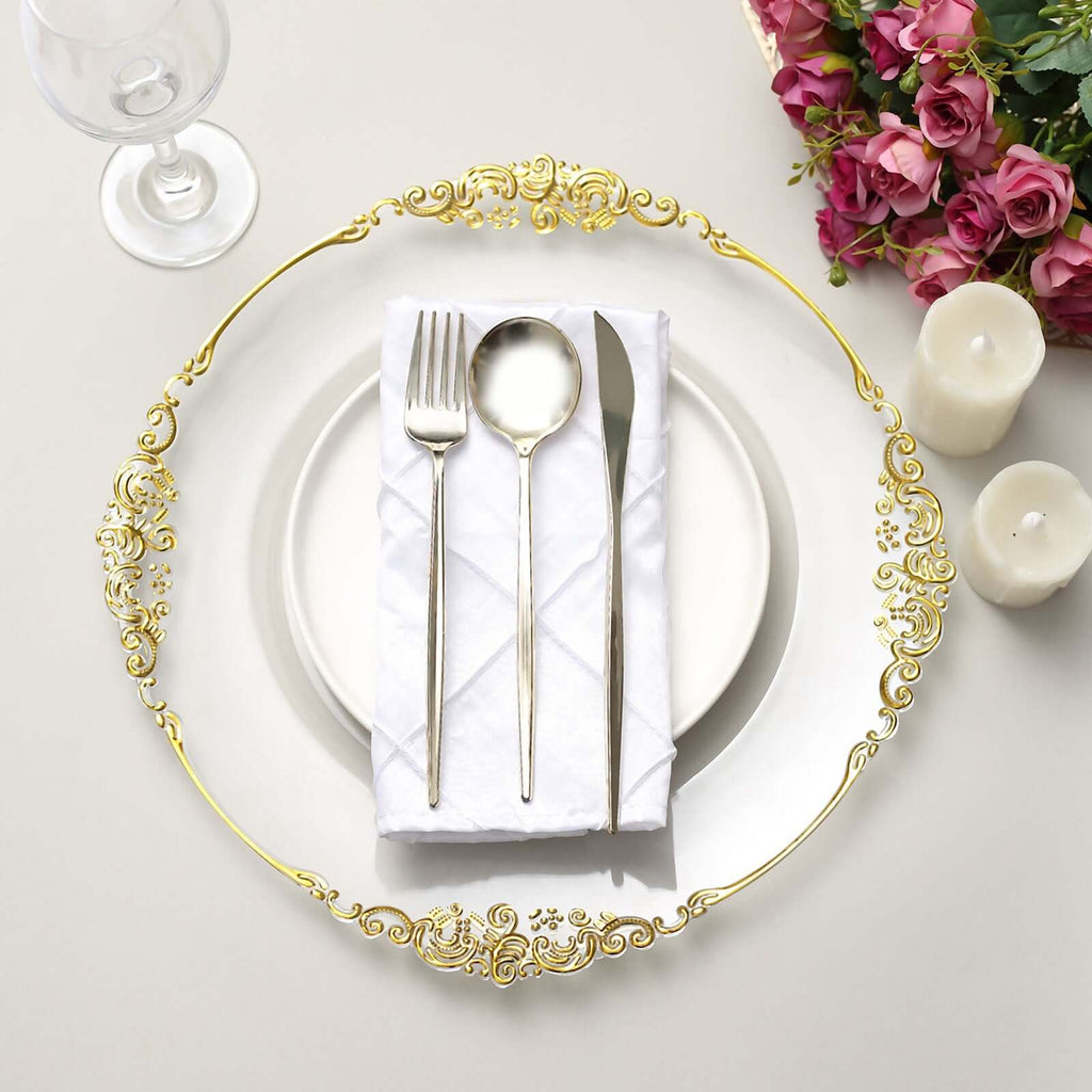 6-Pack Acrylic Charger Plates 13" Round Clear with Gold Embossed Baroque Rim - Antique Decorative Dinner Tableware