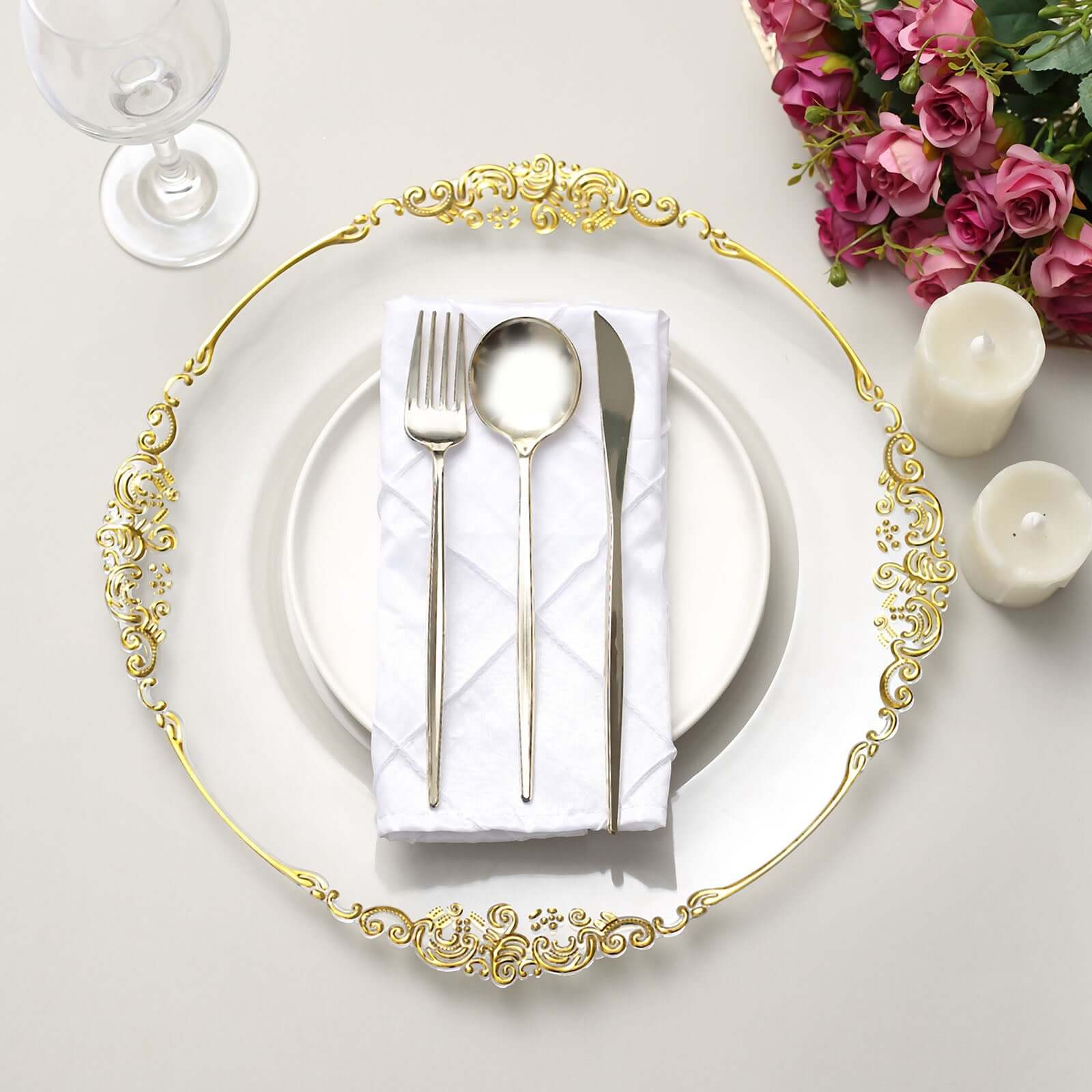 6-Pack Acrylic Charger Plates 13" Round Clear with Gold Embossed Baroque Rim - Antique Decorative Dinner Tableware
