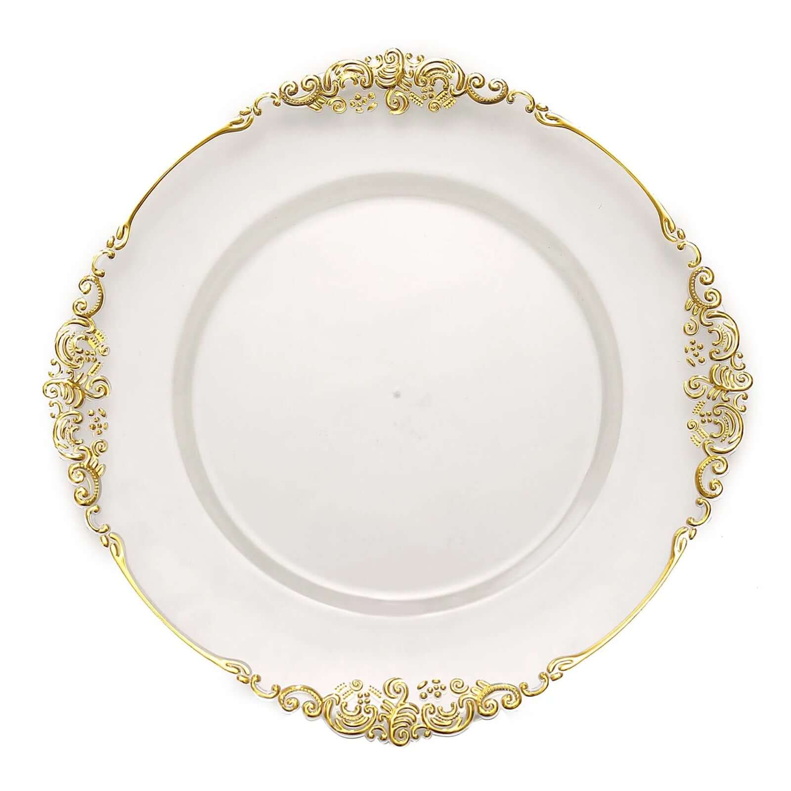 6-Pack Acrylic Charger Plates 13" Round Clear with Gold Embossed Baroque Rim - Antique Decorative Dinner Tableware