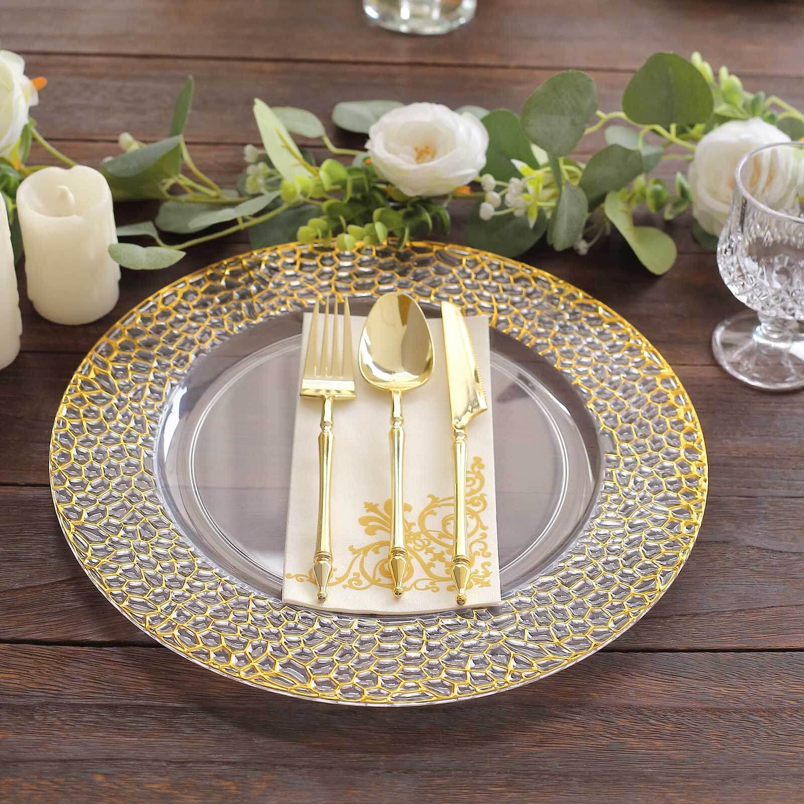 6-Pack Acrylic Charger Plates 13" Round Clear with Gold Hammered Rim - Decorative Plastic Charger Tableware